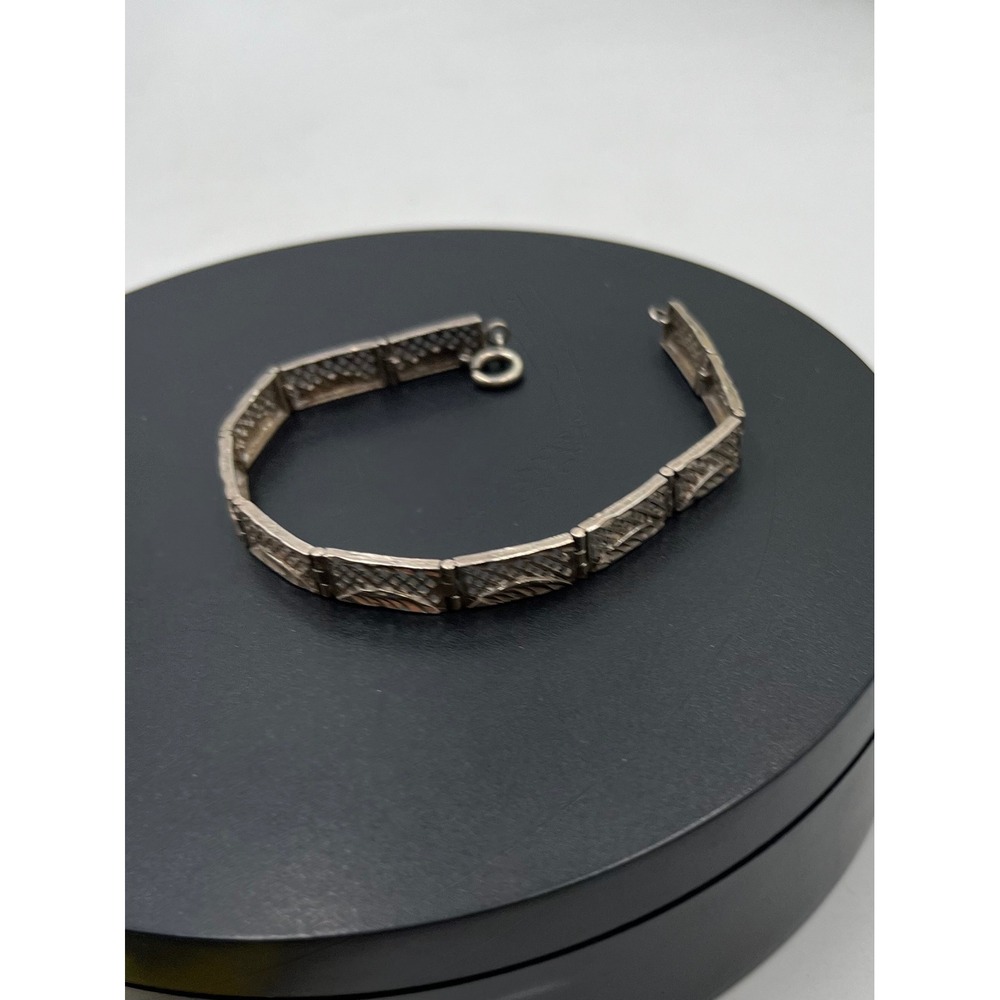 Vintage 925 Sterling Art Deco Panel Link Filigree Bracelet - Picture 7 of 15